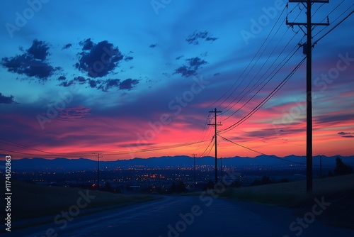 Vibrant sunset with electric poles and dramatic clouds photo