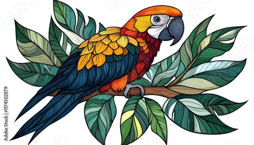 Vivid parrot perched on a leafy branch. Tropical aesthetic. Ideal for nature-themed designs, apparel, or wall art. photo