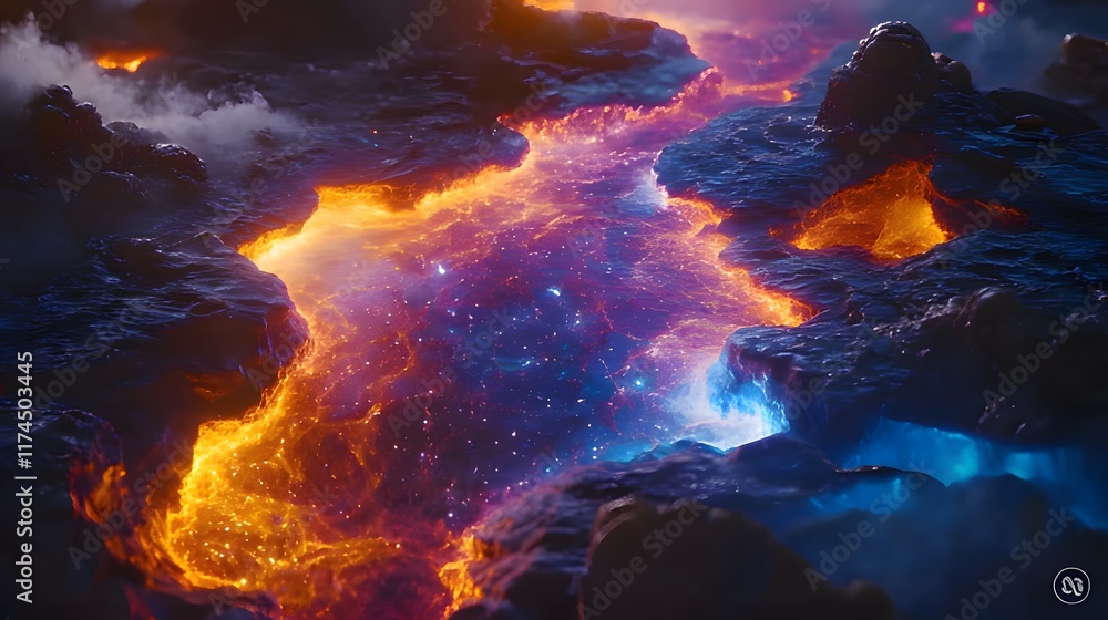 A vibrant, surreal landscape depicting flowing lava and cosmic elements. A vibrant, surreal landscape depicting flowing lava and cosmic elements.