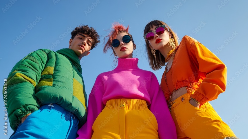Fototapeta premium Fashionable young adults in colorful outfits under blue sky