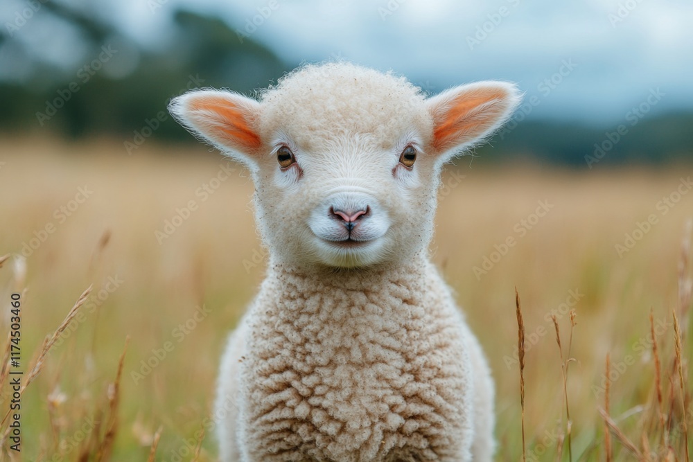 Naklejka premium Cute lamb standing in a sunny green meadow