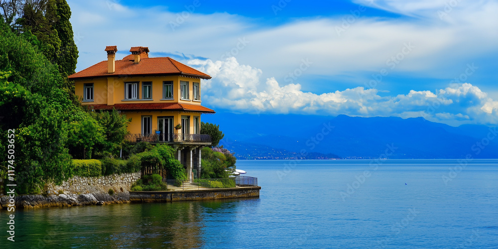 Obraz premium A Charming Lakefront Villa Nestled Under Bright Blue Skies. Travel vacation holiday inn seascape beautiful view