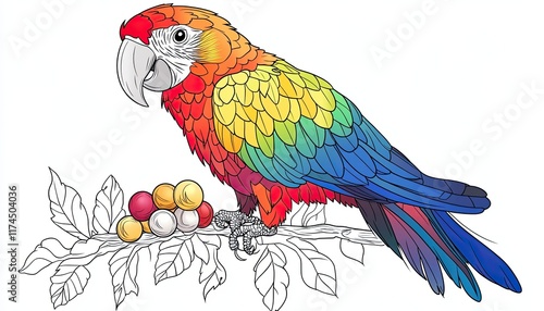 A vibrant macaw perched on a coffee plant branch. Perfect for nature-themed designs or educational materials about tropical birds and ecosystems. photo