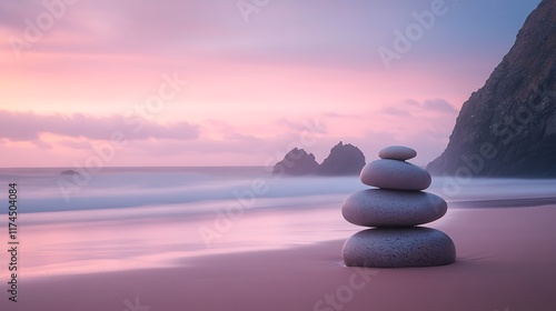 Balanced Stones at Sunset on a Serene Beach