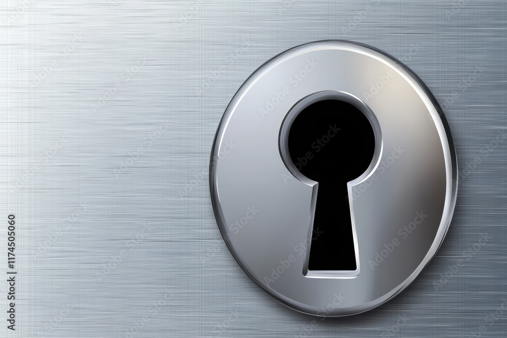 Metallic keyhole on brushed steel surface with industrial design Metallic keyhole on brushed steel surface with industrial design