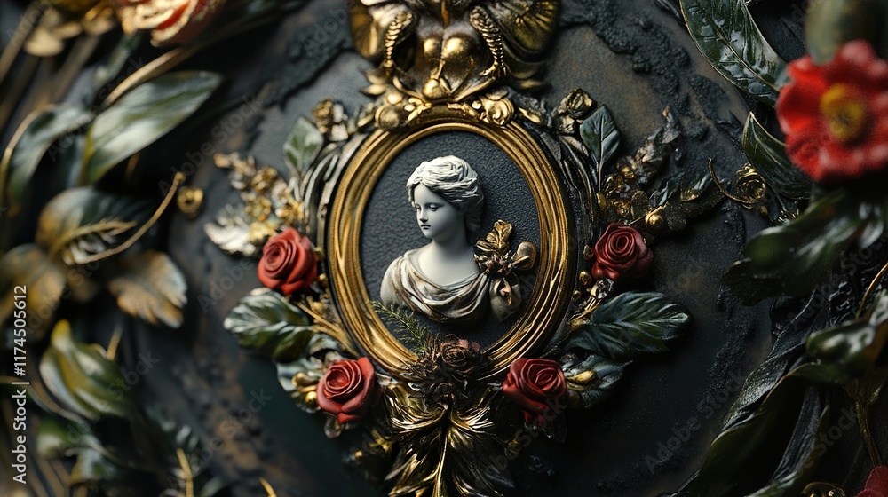 Obraz premium Dark Romantic Sculpture: Roses, Gold, and a Woman's Portrait