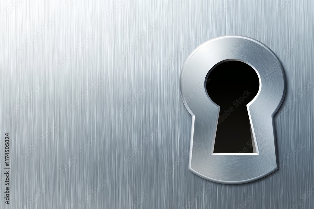 Close-up of a metal keyhole on brushed steel surface Close-up of a metal keyhole on brushed steel surface