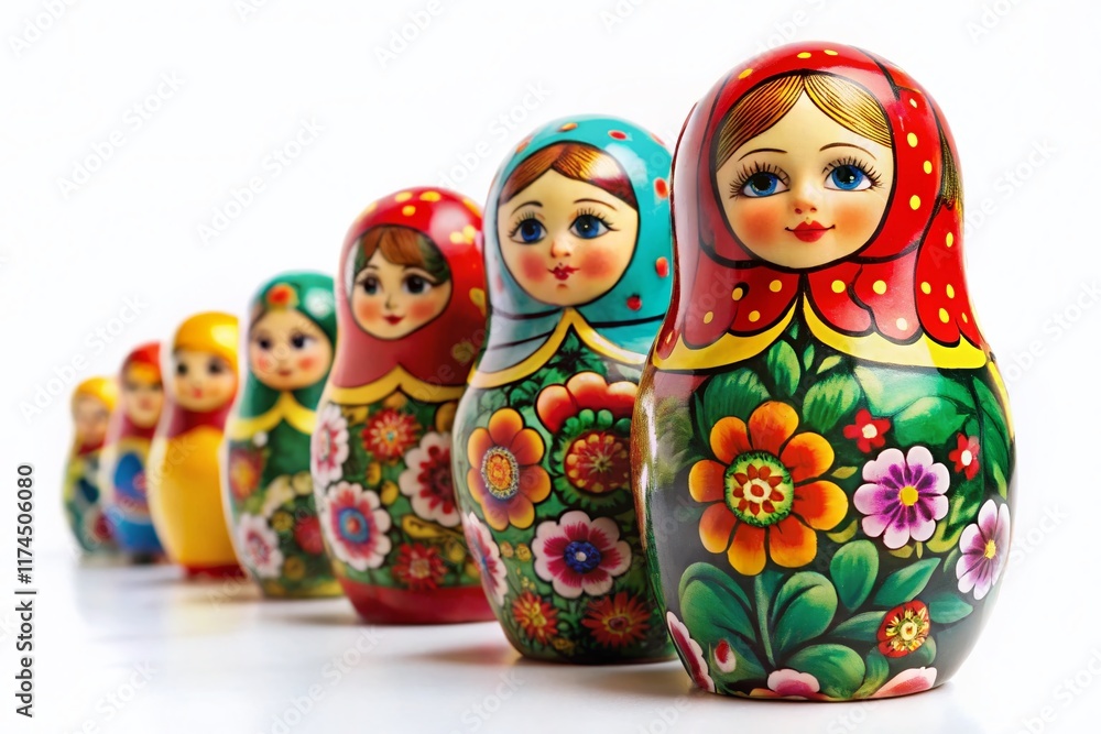 Colorful Russian Nesting Dolls Matryoshka Row White Background - Stock Photo Colorful Russian Nesting Dolls Matryoshka Row White Background - Stock Photo