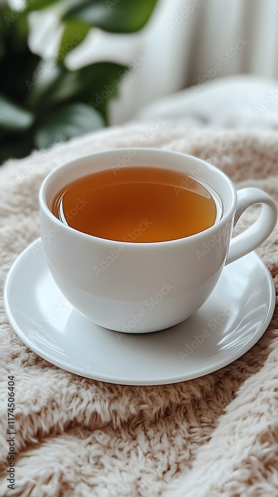 Warm tea in white cup on cozy blanket. Warm tea in white cup on cozy blanket.