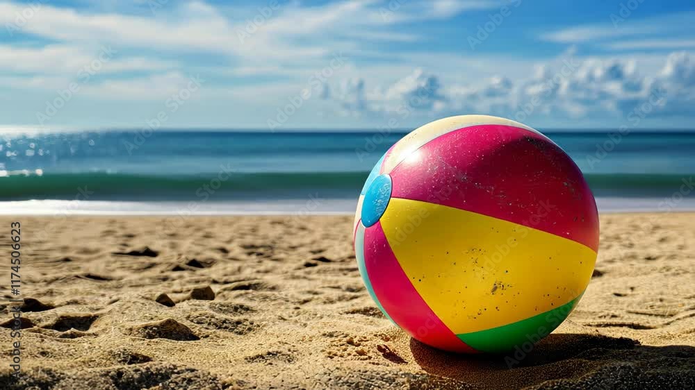 Colorful beach ball resting on sand at sunny oceanfront with clear blue skies and gentle waves, Colorful beach ball with sand on sunny beach, ocean in background Colorful beach ball resting on sand at sunny oceanfront with clear blue skies and gentle waves, Colorful beach ball with sand on sunny beach, ocean in background