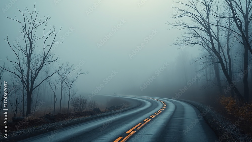 Fototapeta premium Foggy Mountain Road Trip - Serene Landscape, Mystical Vibe