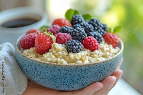 Bowl of mixed berries topped with yogurt and granola photo