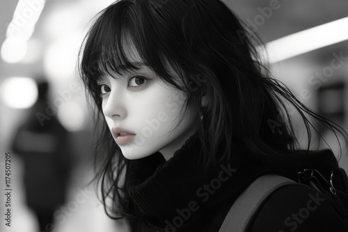 Black and white portrait of a young girl with bangs photo