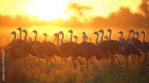 A flock of common ostriches in Botswana, moving together in harmony.  photo