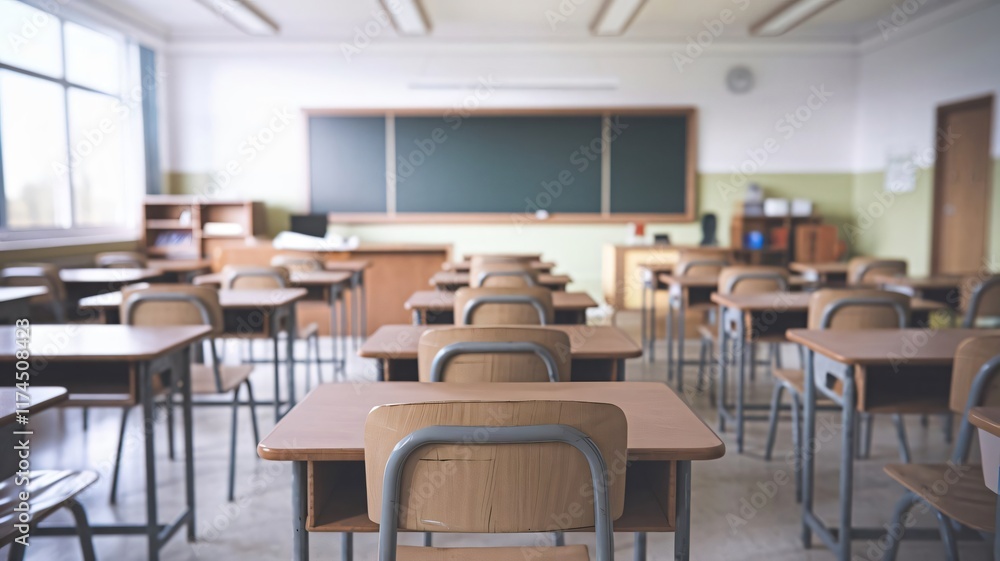 An empty classroom, showcasing neat rows of desks and chairs, a chalkboard, and natural light streaming through the windows. An empty classroom, showcasing neat rows of desks and chairs, a chalkboard, and natural light streaming through the windows.