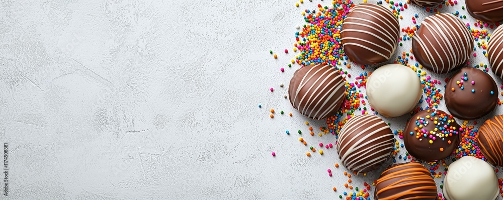 Naklejka premium Delicious Assortment of Chocolate Eggs with Colorful Sprinkles on a Textured Background