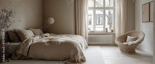 Calm bedroom interior with linen bedding, wicker chair, and natural light. photo