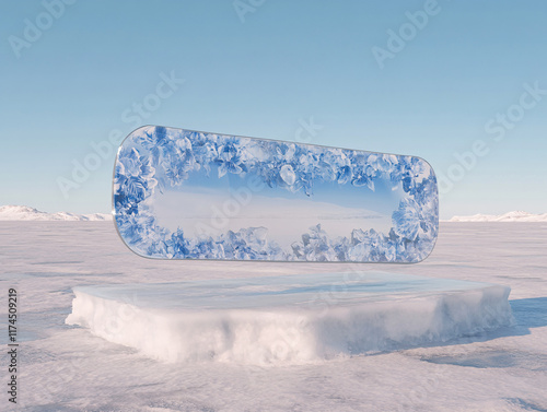 snowboard partially submerged in ice, with frost patterns covering its surface. The background shows a snowy landscape with distant mountains under a clear sky.