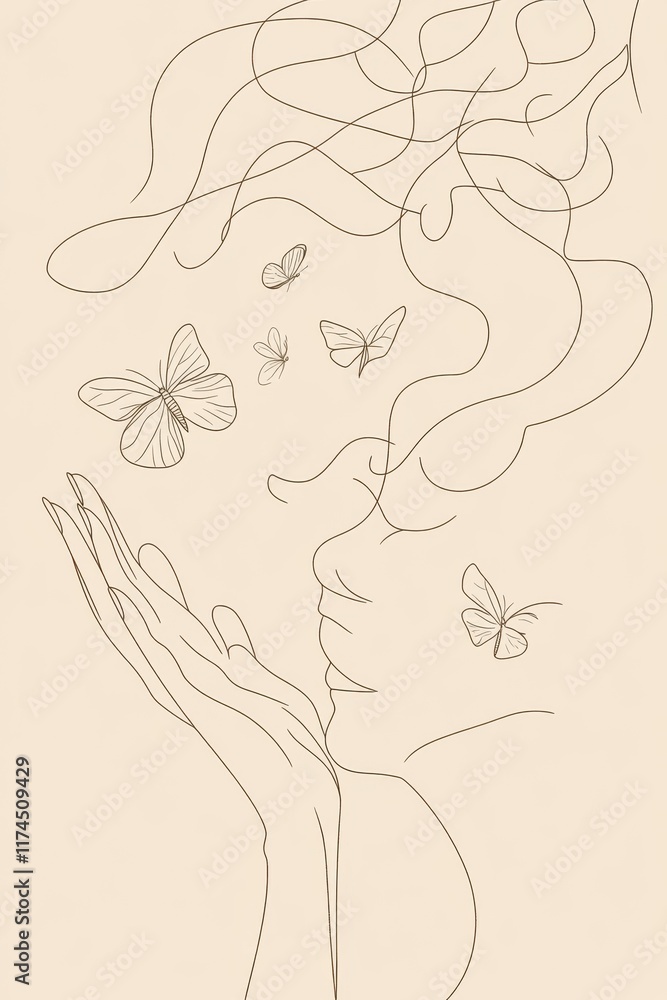 Fototapeta premium A minimal single line art of a woman releasing butterflies from her hands, symbolizing the transformation of negative thoughts into positive energy, hand-drawn style minimalist