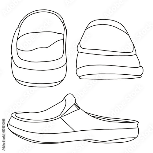 Women's slip on Backless Loafer Shoes Line art, Technical sketch hand drawing outline vector doodle various view isolated on white background for coloring page
