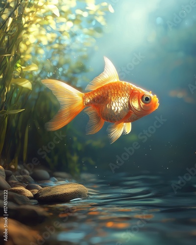 Graceful goldfish swimming in a serene underwater environment hyperrealistic nature scene photo