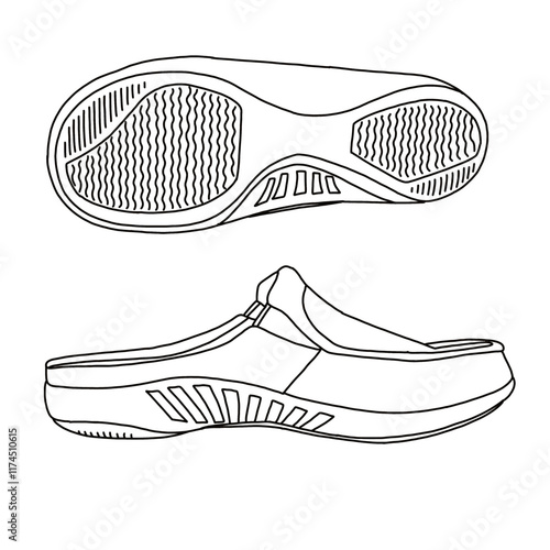 Women's slip on Backless Loafer Shoes Line art, Technical sketch hand drawing outline vector doodle side and bottom view isolated on white background for coloring page