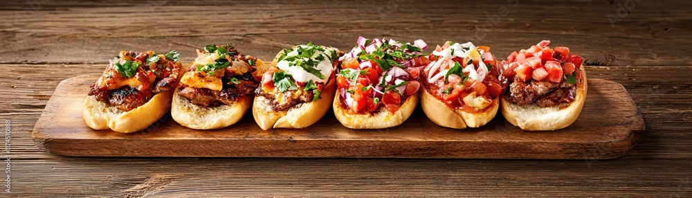 Assorted Gourmet Sliders Topped with Fresh Vegetables and Sauces on Wooden Board Assorted Gourmet Sliders Topped with Fresh Vegetables and Sauces on Wooden Board