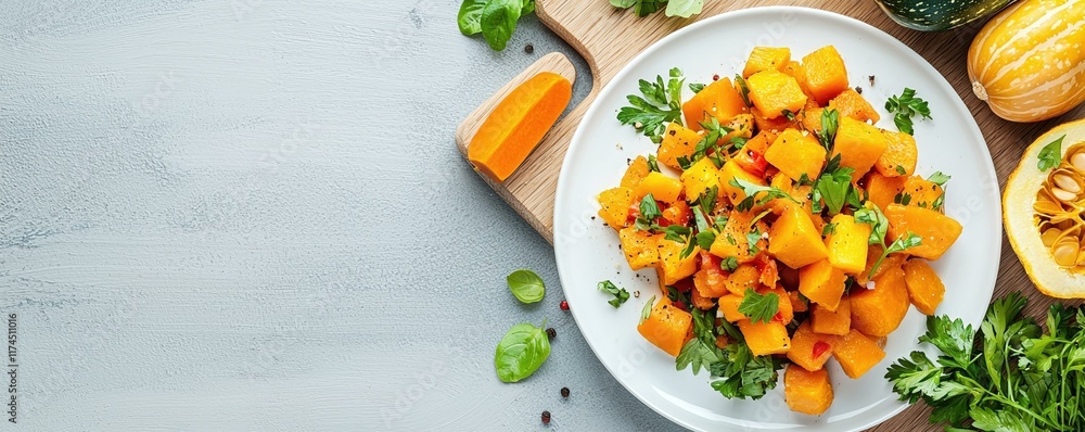 Freshly Prepared Butternut Squash Salad with Herbs and Spices on a Wooden Table Freshly Prepared Butternut Squash Salad with Herbs and Spices on a Wooden Table