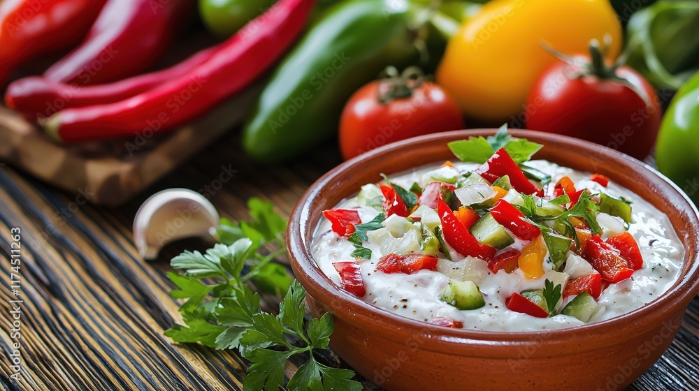 Fresh Vegetable Salad with Creamy Dressing and Colorful Herbs Fresh Vegetable Salad with Creamy Dressing and Colorful Herbs
