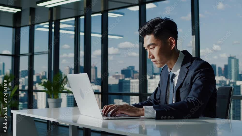 A focused asian businessman in a suit working on a laptop in a bright office with large glass windows and a city skyline in the background A focused asian businessman in a suit working on a laptop in a bright office with large glass windows and a city skyline in the background