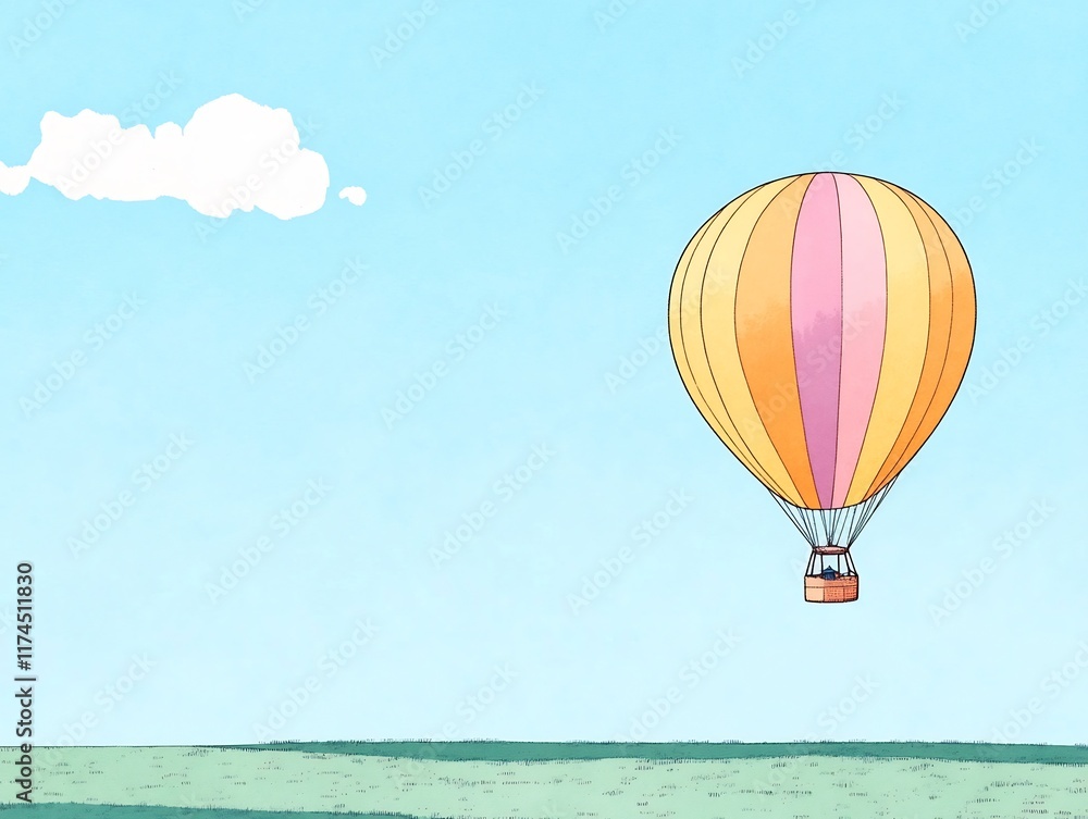 Fototapeta premium Charming Hot Air Balloon Gently Soaring Over Serene Landscape: Digital Illustration in a Whimsical Style. AI Generated