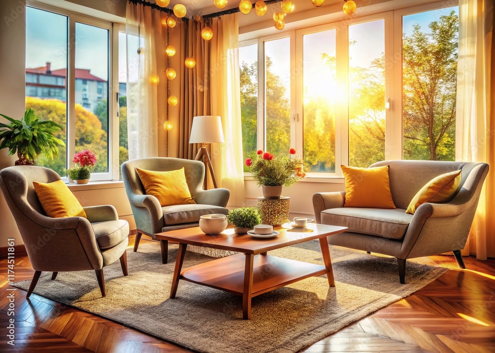 Cozy Living Room with Large Window, Stylish Table, Comfortable Chairs, Bokeh Effect Cozy Living Room with Large Window, Stylish Table, Comfortable Chairs, Bokeh Effect