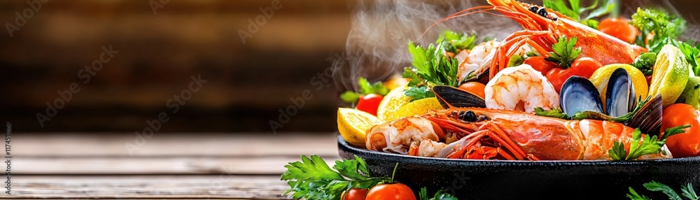 Fresh Seafood Platter with Shrimp, Mussels, and Vegetables on Wooden Table Background Fresh Seafood Platter with Shrimp, Mussels, and Vegetables on Wooden Table Background