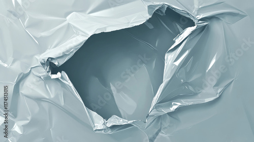 Torn vinyl cover with shrink and hole effect - realistic transparent broken plastic package. Vector illustration - overlay mockup of square cellophane or polythene wrap with opening gap and wrinkle.