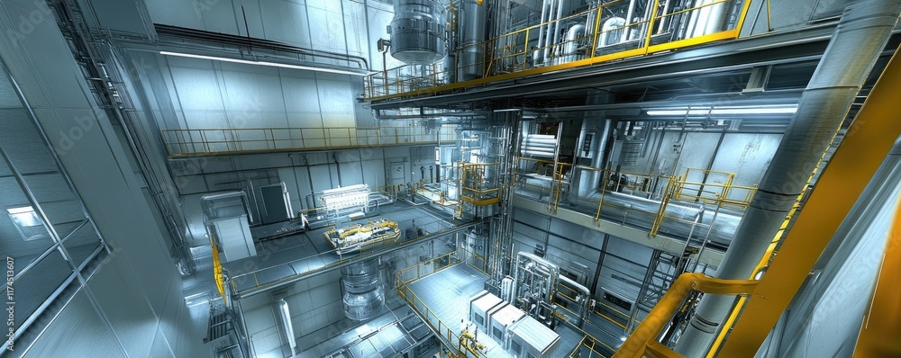 A futuristic industrial facility with interconnected levels and machinery. A futuristic industrial facility with interconnected levels and machinery.
