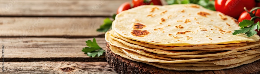 Freshly Cooked Flatbread Stacked on Wooden Table Surrounded by Cherry Tomatoes and Greens Freshly Cooked Flatbread Stacked on Wooden Table Surrounded by Cherry Tomatoes and Greens