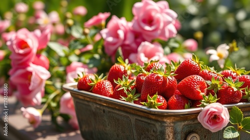 Fresh Strawberries in Vintage Pan, Garden,  Nelken,  Bright,  Summer,  Photography photo