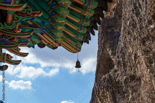 View of the eaves under the roof of Maisan Tapsa Temple in Korea photo