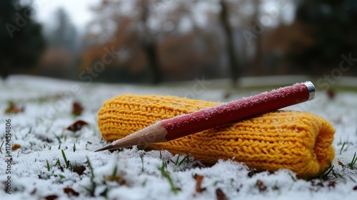 A pencil rests on a knitted scarf in a snowy landscape, blending warmth with winter chill.