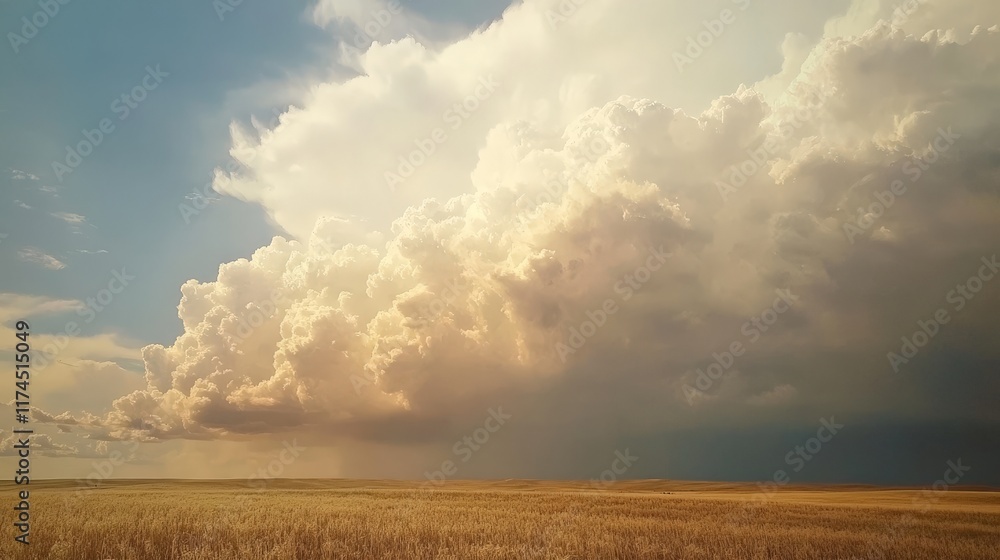 Majestic cumulonimbus clouds over golden prairie landscape at sunset Majestic cumulonimbus clouds over golden prairie landscape at sunset