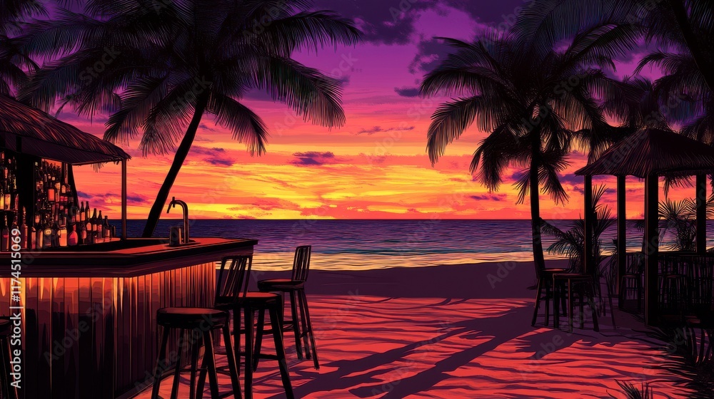 Fototapeta premium Serene Beach Sunset with Tropical Palm Trees, Bar and Gazebo, Vibrant Colors, Relaxing Atmosphere for Vacation and Travel Themes