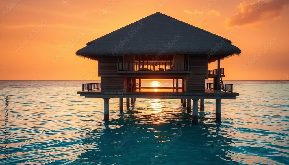 Overwater Bungalow Sunset Tropical Ocean Paradise Overwater Bungalow Sunset Tropical Ocean Paradise