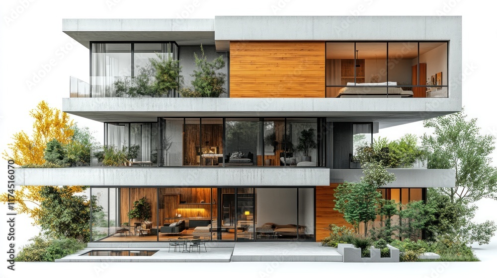 Modern three-story house with concrete and wood exterior, showcasing interior rooms and landscaping. Modern three-story house with concrete and wood exterior, showcasing interior rooms and landscaping.