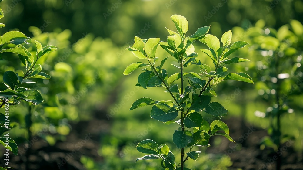 Young green saplings in sunlight, orchard. Young green saplings in sunlight, orchard.