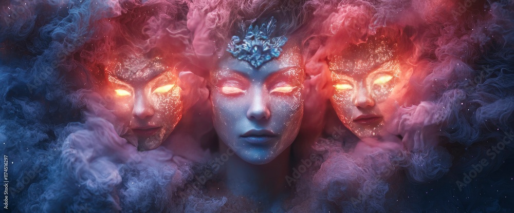 Triple Goddess Mystical Fantasy Portrait with Glowing Eyes and Ethereal Smoke Triple Goddess Mystical Fantasy Portrait with Glowing Eyes and Ethereal Smoke