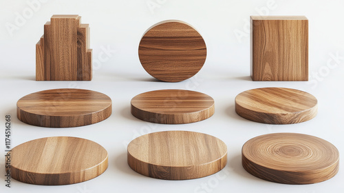 Fototapeta Naklejka Na Ścianę i Meble -  3D wooden podiums set isolated on white background. Vector realistic illustration of natural wood platforms for cosmetic products presentation, round and abstract shape stage, dish for serving sushi