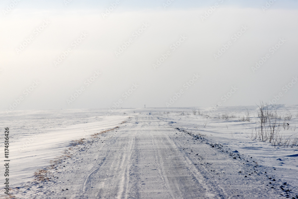 Difficult winter roads in the Arctic tundra. There is no way here in summer. Komi Republic oil and gas region, former Soviet Gulag Difficult winter roads in the Arctic tundra. There is no way here in summer. Komi Republic oil and gas region, former Soviet Gulag