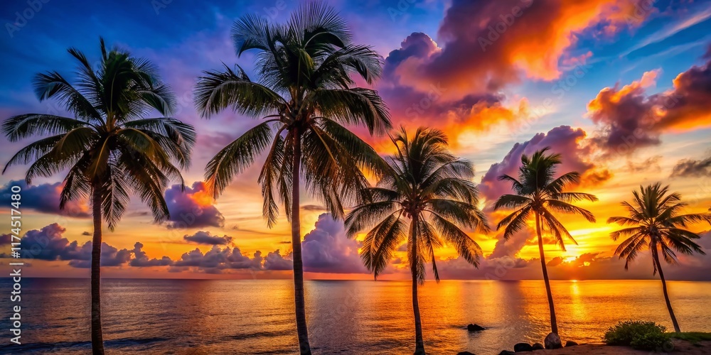 Obraz premium Curacao Sunset Silhouette: Palm Trees Against Vibrant Sky - Stock Photo