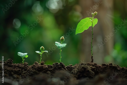 Four plants at different growth stages in rich soil. A small seed to a young plant with leaves demonstrates the lifecycle of a plant.