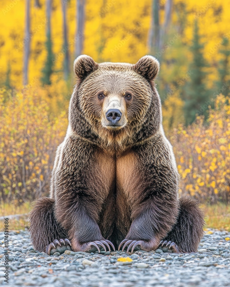 Fototapeta premium A close-up of a grizzly bear sitting on a rocky surface with a colorful autumn backdrop.